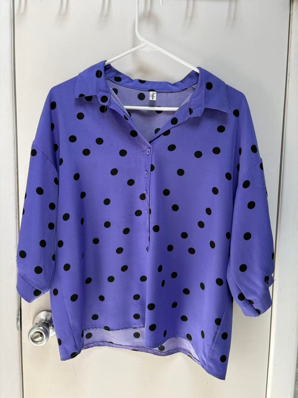 Oversized Purple Polka Dot Shirt Women 3/4 Sleeve Blouse Retro Vintage Casual M